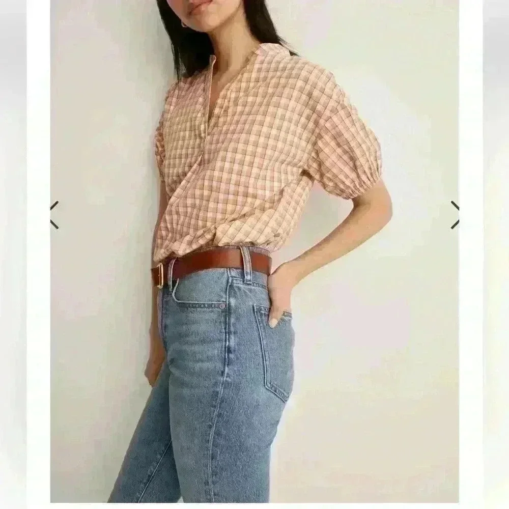 Madewell Crinkle Cotton Bubble-Sleeve Popover Shirt in Check XS - Picture 2 of 10